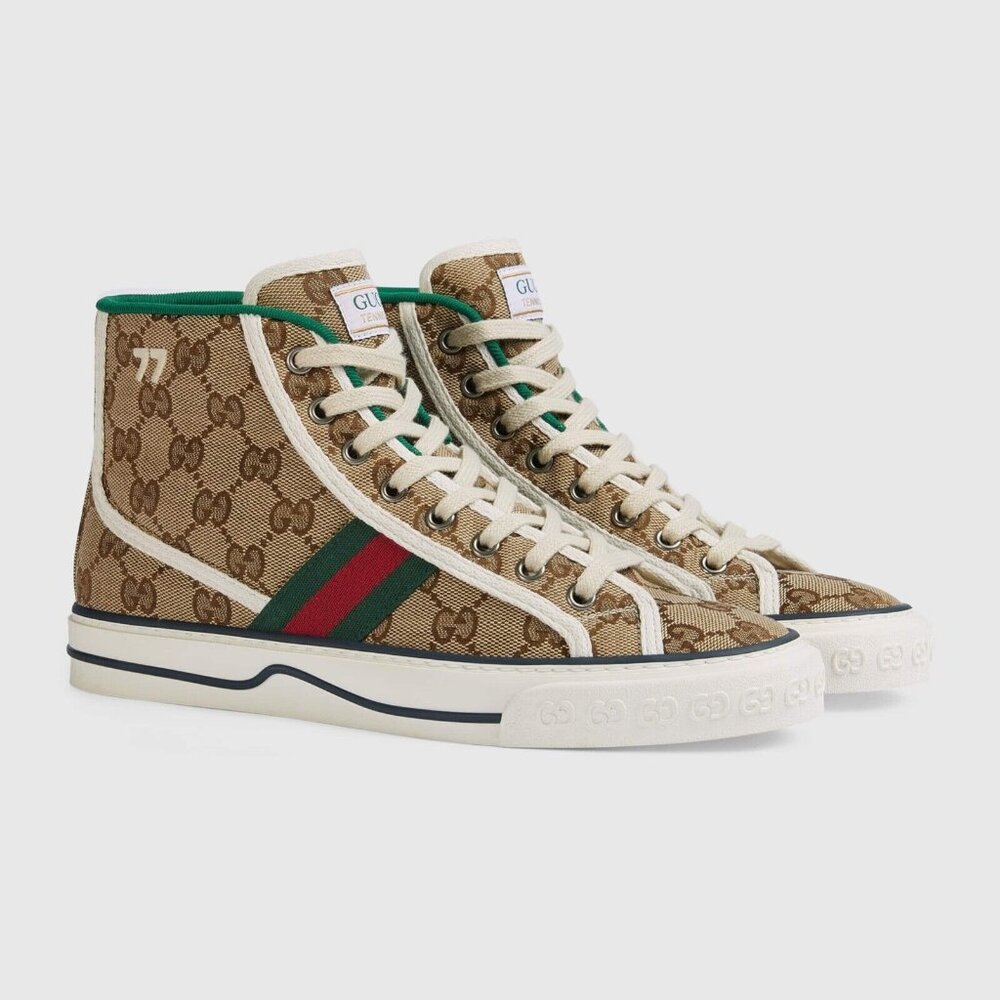 GUCCI New beige ebony  GG CANVAS TENNIS 1977 High Top Sneakers Shoes 7.5
